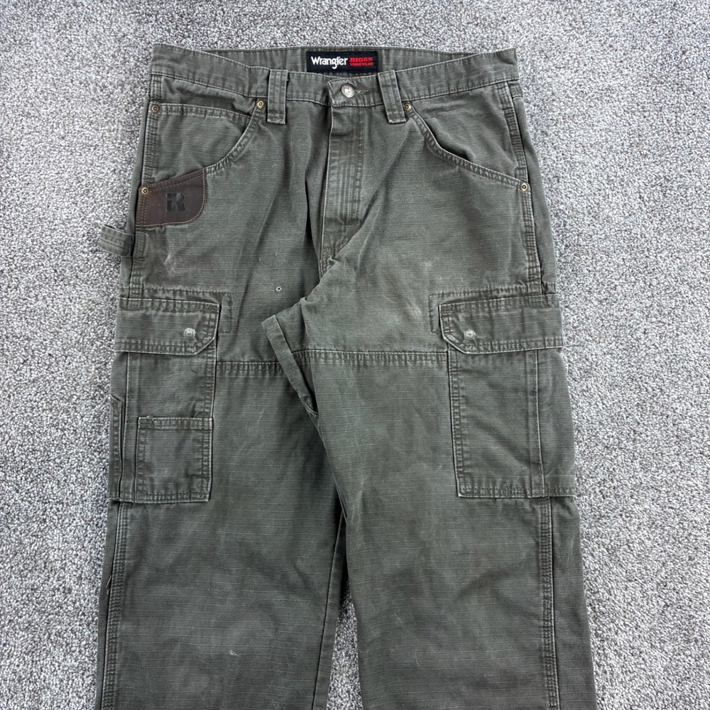Wrangler Riggs Cargo Pants Mens 32x34 Olive Green Carpenter Ripstop Canvas - Picture 2 of 5